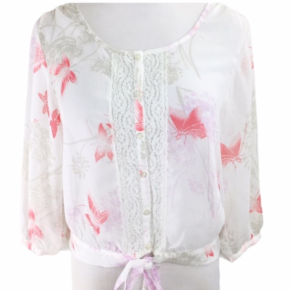 EXPRESS White Lace Button Front Blouse Coral Pink Purple Butterfly Floral Print
